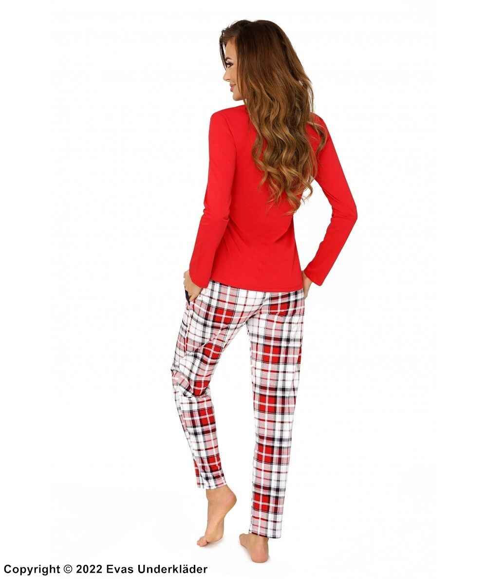 Top and pants pajamas, soft cotton, long sleeves, pockets, scott-checkered pattern